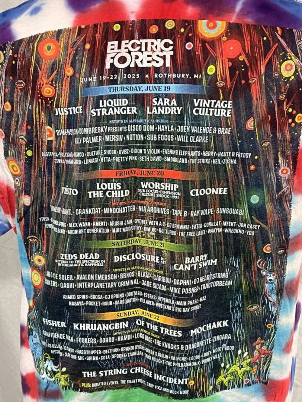 Electric Forest 2025 Tie Dye T Shirt XL Festival Lineup Rothbury MI Jerzees - Picture 5 of 9